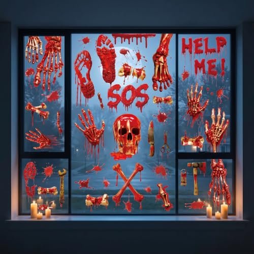 Halloween Decorations Window Stickers 9 Sheets Large Skeleton Bones Bloody Window Clings Decor Set for Office Home School Halloween Window Decoration Indoor (Gory Style 1)