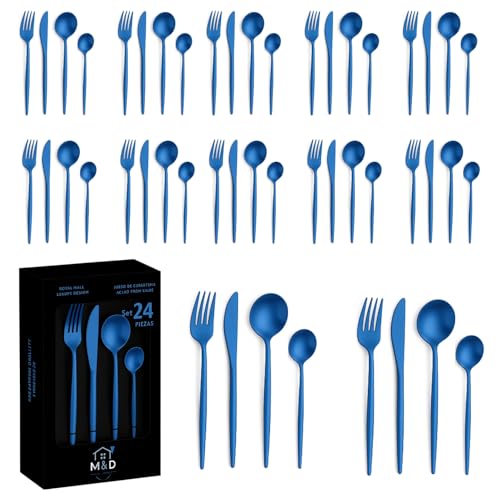 Image of Sterling Set | Satin Finish French Style Stainless Steel Flatware Set with Giftable Box | Dishwasher Safe Tableware for Home, Restaurant & Corporate Gifting (Sapphire Blue, 48 Pieces)