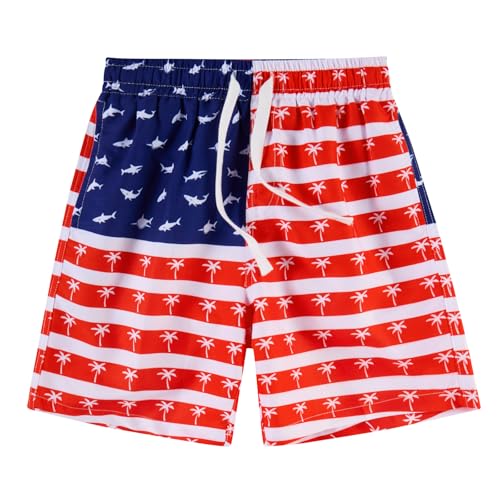 Cozople Boys American Flag Swim Trunks Size 10-12 Funny USA Flag Print Bathing Suit with Mesh Lining Stretchy Quick Dry Swim Shorts for 4th of July