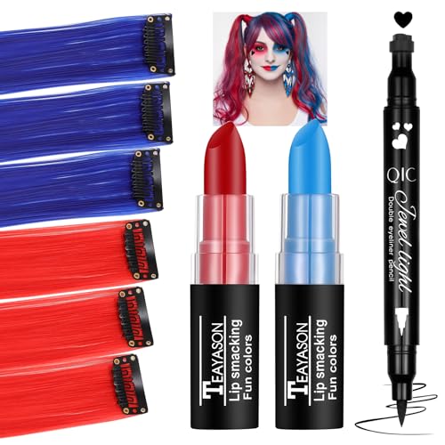 CAHOTO Halloween Makeup Kit for Harley Quinn Cosplay, Red and Blue Clip in Hair Extensions & Face Body Paint Stick, Black Eyeliner Stamp, Costume Accessories for Harley Quinn SFX Looks