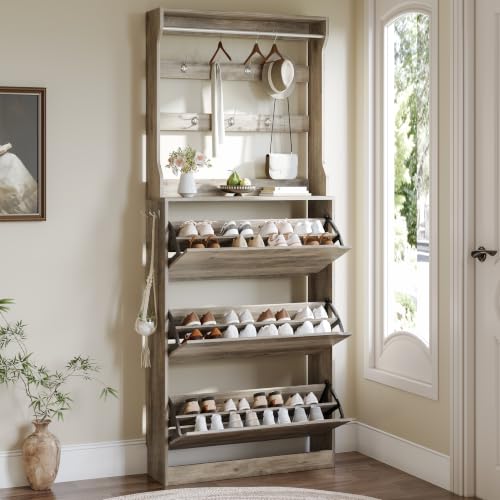 Image of Shoe Cabinet for Entryway with 3 Flip Drawers, Grey Tall Wood Shoe Storage Cabinet with Coat Rack, Narrow Hidden Slim Freestanding Shoe Rack Organizer, 2 in 1 Hall Tree for Living Room, Hallway