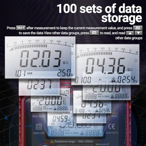 Image of 250V-2500V Digital Insulation Resistance Tester 1MΩ-200GΩ Megger Megohm Testing Meter Auto Range 2000 Counts Multimeter LCD Display 10V~600V AC /DC Voltmeter with 100 Data Storage