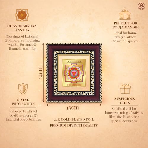 Image of DIVINITI Siddh Energised Dhan Akarshan Yantra | 24k Gold Plated Foil Money Attraction Vastu Frame for Home, Office & Puja Room | Spiritual Yantra for Wealth & Prosperity (14 X 13 CM)