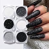 6 Color Nail Glitter Powder Black White Dust Sugar Powder, Superfine French Nail Sugar Glitter Iride