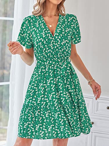Zesica Women's 2023 Summer Wrap V Neck Bohemian Floral Print Ruffle Swing A Line Beach Mini Dress,Hollygreen,Large #TOP1