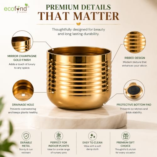 Image of ecofynd 1 Pack Metal Plant Pots (5 inch), Indoor Small Planter Flower Pots, Home Garden Decor Planter for Living Room Bedroom Interior (Gold Finish, POT052)