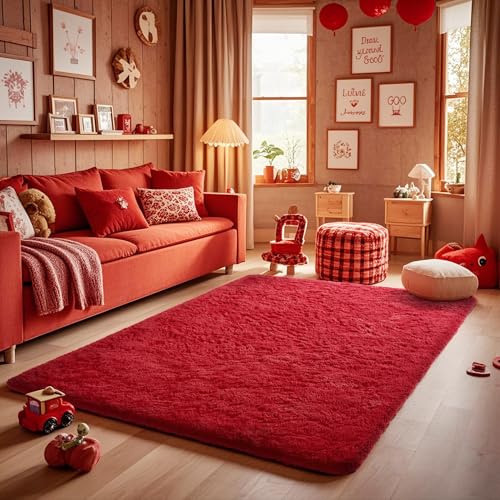 Ophanie Red Rugs for Bedroom Living Room, Fluffy Fuzzy Furry
