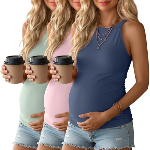 Sweetyweee 3 Pack Womens Maternity Tank Tops Halter Camisole Cotton Blend Side Ruched Sleeveless Summer Tops for Pregnancy(Dark Blue Peach Pink Gray Green Large)