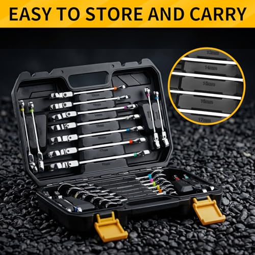 Image of GRENPRO 23PCS Flex-Head Ratcheting Wrench Set, Combination Ratchet Wrenches Set Metric and Standard & SAE with Organizer Box, 6-18mm & 1 /4 inch to 3 /4 inch with Color Ring, CRV Socket Mechanic Tools Sets