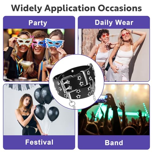 Black Studded Belt, Star Punk Rock Star Studded Leather Belt with Grommet Threads Bright Metal Pyramid for Women Men4