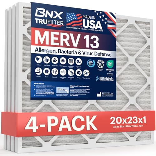 BNX TruFilter 20x23x1 Air Filter MERV 13 (4-Pack) - MADE IN USA - Electrostatic Pleated Air Conditioner HVAC AC Furnace Filters for Allergies Pollen Mold Bacteria Smoke Allergen MPR 1900 FPR 10