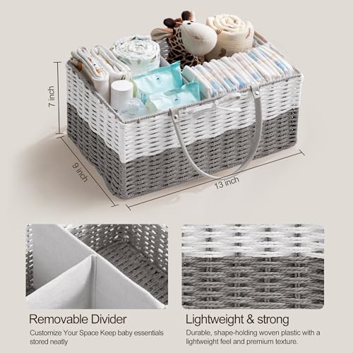 Image of HBlife Baby Diaper Caddy Organizer, Paper Rope Storage Baskets Nursery Bin with Removable Divider, Portable Car Organizer for Diapers, Baby Shower Gifts, Newborn Essentials Must Haves