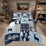 Hunting Bear Deer Quilt,Christmas Buffalo Plaid Comforter Set Twin Size Rustic Cabin Patchwork Duvet Sets For Kids Boys Teens Adult,Farmhouse Cowboy Woodland Bedding Set,1 Pillow Case,Blue Grey
