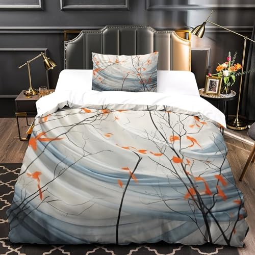 Parure de lit 3pcs gris 3D motif branche d'arbre sauvage lit une place