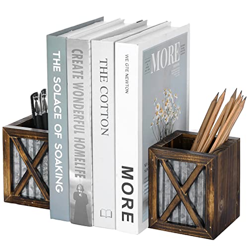 MyGift Rustic Decorative Bookends, Book Ends for Shelves with Pen Holder, for Home Office Classroom, Dorm Room, Desk, Burnt Wood with Corrugated Galvanized Metal Accent
