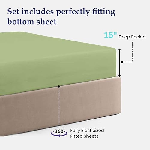 Miniatura 3 de Juego de sábanas de 4 piezas, 100% microfibra de color salvia sólida, se adapta a colchones de bolsillo de hasta 15 pulgadas de profundidad, para