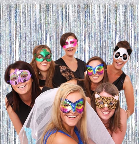2 Packs 3.2ft x 6.6ft Silver Multicolor Tinsel Foil Fringe Curtains Photo Booth Props for Engagement Bridal Shower Bachelorette Baby Shower Bachelorette Holiday Celebration Party Decorations
