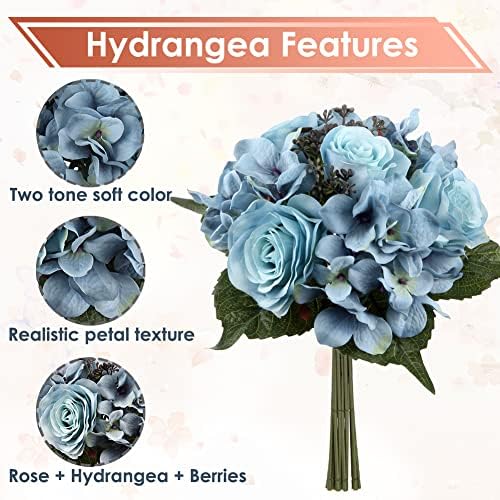 Briful 2 Pack Artificial Roses Hydrangea Silk Flower Bouquet Fake Flowers Bush 9 Heads Blue Artificial Flowers Bridal Bouquet for Wedding Table Centerpieces Home Decoration