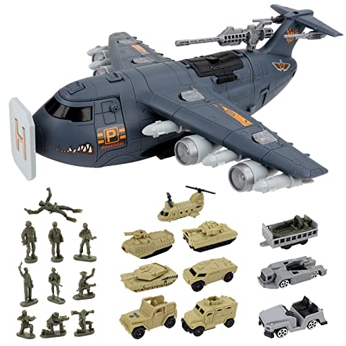 deAO Transport Flugzeug Spielzeug, 21Stck Transport Cargo Flugzeug mit Auto Spielzeug Spiel Set, Hubschrauber, Army Action Figuren, DIY Flugzeug Spielset mit Rampefür Kinder ab 3 Jahre Junge Mädchen