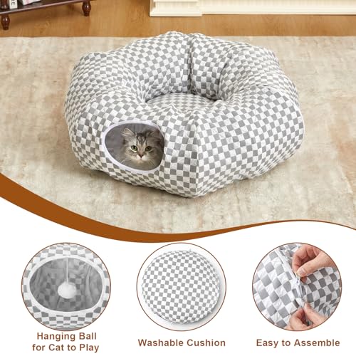 Image of Tunnel Bed for Indoor Cats Peekaboo Cave Donut for Cat with Washable Circle Cushion Interior Cat Play Tunnel（Light Grey）