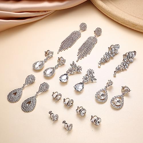 Zelores 9 Pairs Clip On Earrings For Women Wedding Bridal Chandelier Earrings Teardrop Long Drop Dangle Clip-On Earrings Set Rhinestone Earrings For Brides Bridesmaids Non Pierced Jewelry thumb #5