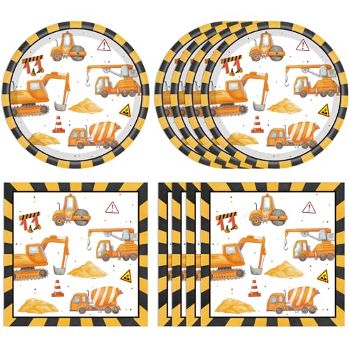 40Pcs Construction Plates and Napkins Set Construction Birthday Decorations Disposable Tableware Paper Plates and Napkins for Toddler Kids Boys Dump Digger Tractor Excavator Birthday Decor Serves 20