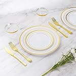 Goodluck 600 Pieces Gold Disposable Plates for 100 Guests, Plastic Plates for Party, Dinnerware Set of 100 Dinner and 100 Dessert Plates, 100 Spoons, 100 Forks, 100 Knives, 100 Cups - Image 2
