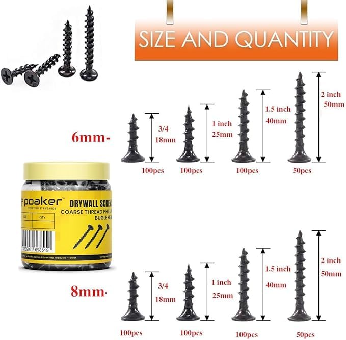 Poaker Coarse Thread Drywall Screw with Phillips Drive Black Oxide Finish Bugle Head Wood Screws (1 inch- 100pcs, 6mm)