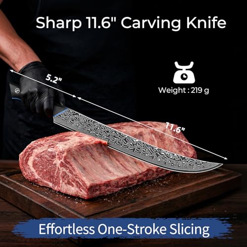Image of FINTISO Carving Brisket Knife 11.6 Inch, 67-Layer Damascus Steel Breaking Knife with Curved Blade, Slicing and Butcher Knives for Meat Cutting with Ergonomic G10 Handle - Zeus Series
