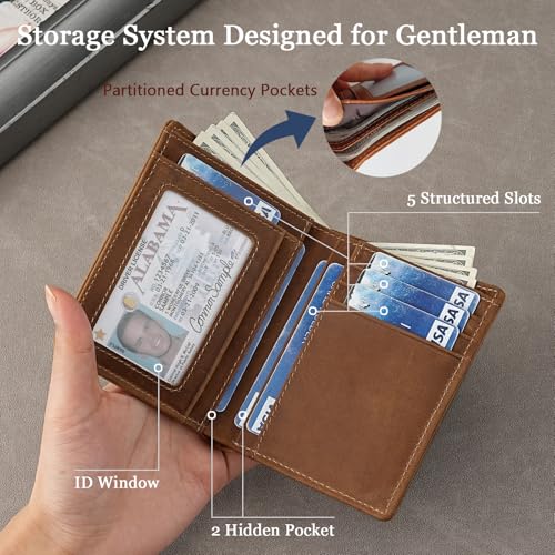 Bifold Vertical Wallet for Men - Slim Leather RFID Blocking with ID Window & 2 Cash Pockets | 0.7" Thin Front Pocket Design Wallets | 7 Card Slots + Receipt Organizer | Gift Box (4.5"x3.7")4