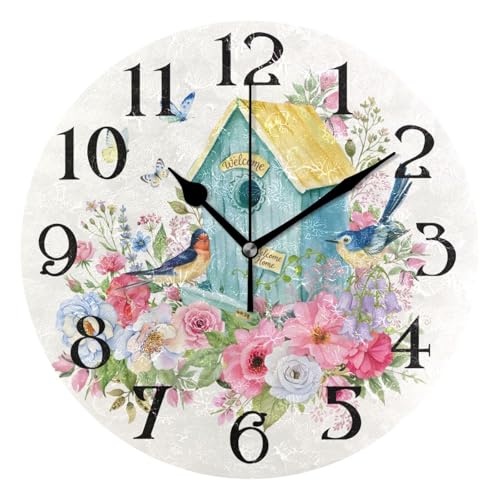 ALAZA Butterfly Clocks Bird House Wall Clock Birds Clock for Bathroom Garden Clocks Battery Operated Kitchen Clocks Wall Decorative 9.5 in Non Ticking Round Quartz Analog Clock