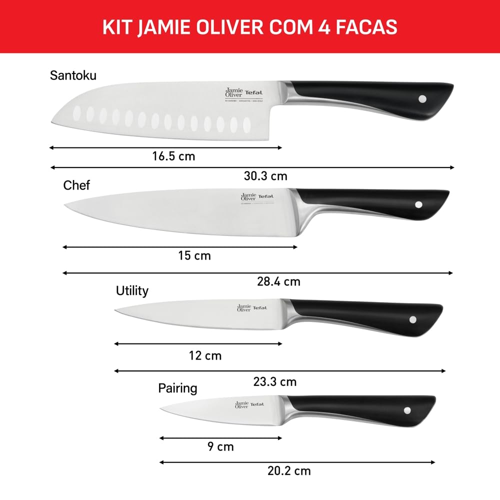 Tefal Jamie Oliver K267S456 - Set di 4 coltelli da cucina Santoku Chef Utility, lame affilate in acciaio inox tedesco, resistenti, manici ergonomici, colore nero