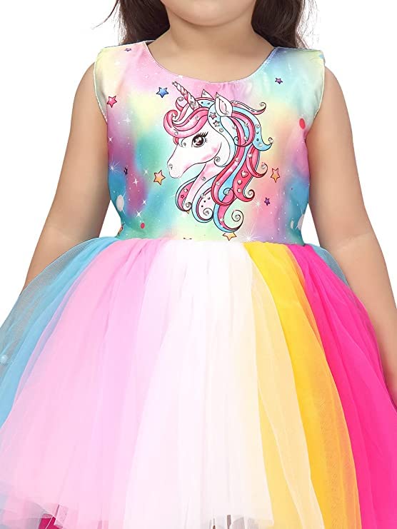 Image of Unicorn Printed Multicolors Frock in Net for Girls Kids-