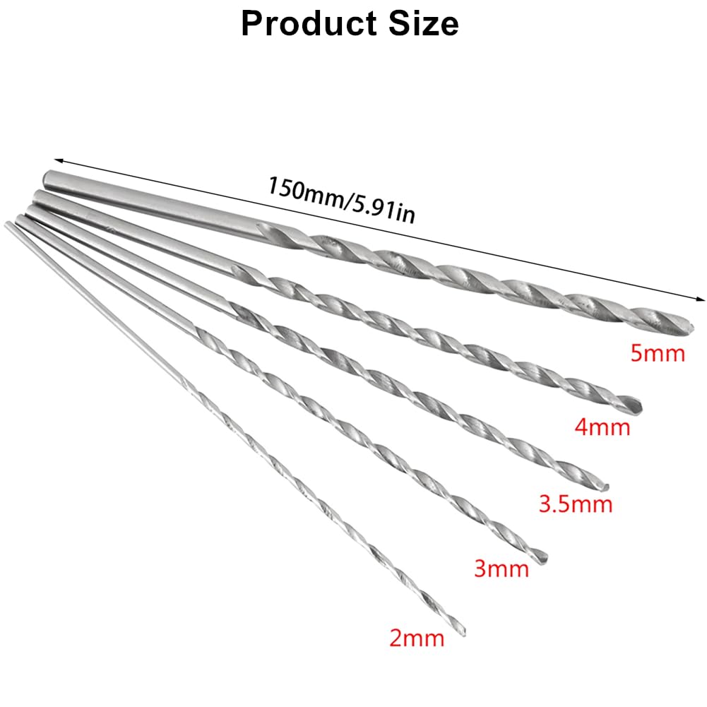 5 Pezzi Set di punte per legno, Punte Elicoidali Extra Lunghe 150mm, Set Punte Trapano con Gambo Dritto HSS Utensile Taglio per Legno, Plastica e Alluminio (Diametro 2/3/3,5/4/5mm)