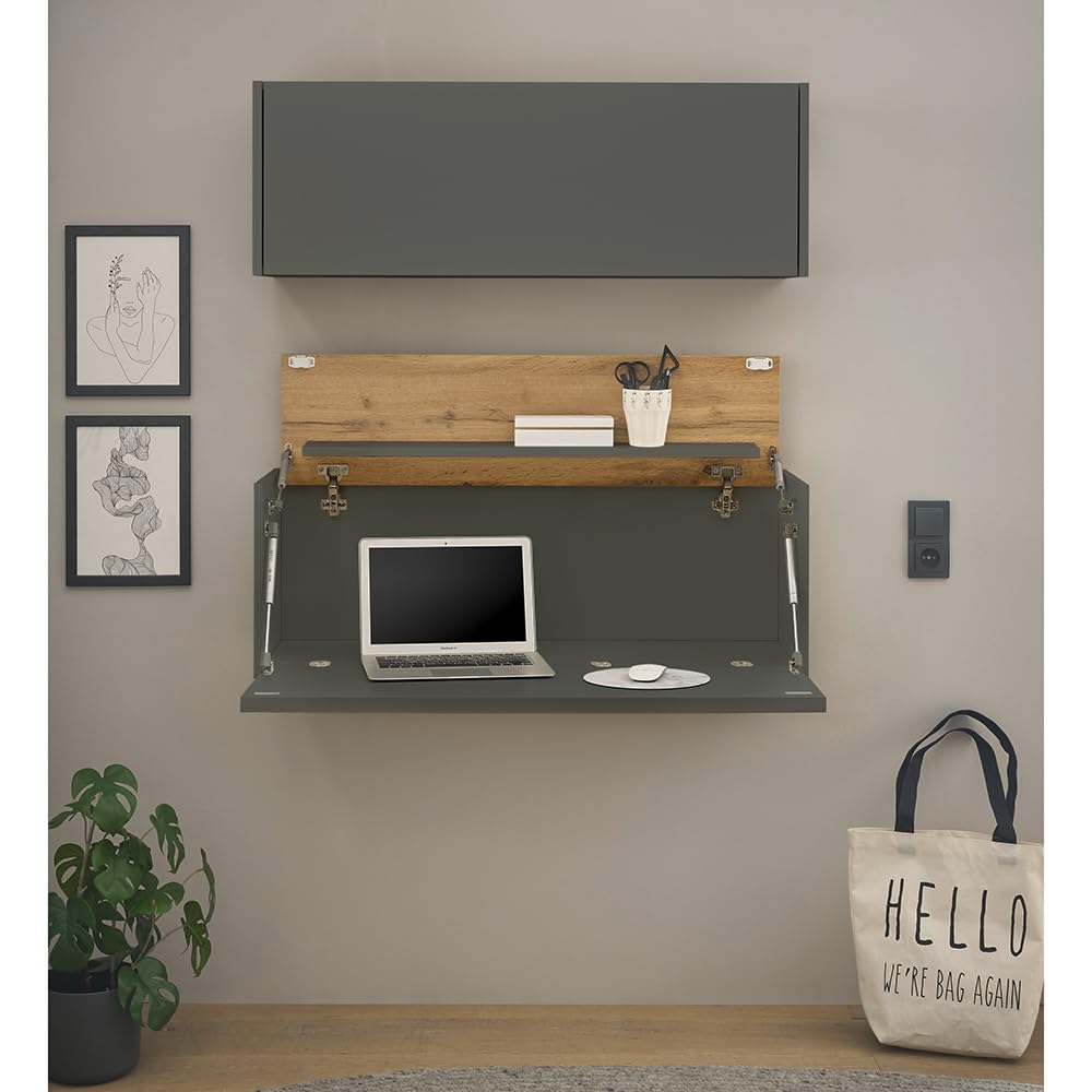 Lomadox Homeoffice Set anthrazit mit Eiche 2-teilig modern, 1 Sekretär, 1 Hängeschrank