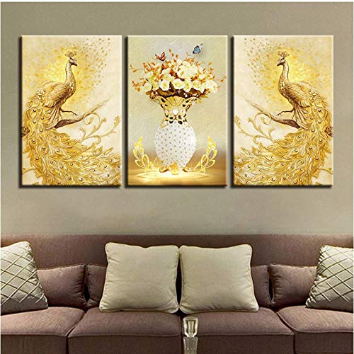 Affiches paon doré et fleurs pour décoration murale salon, triptyque toile 50x70cm - 2