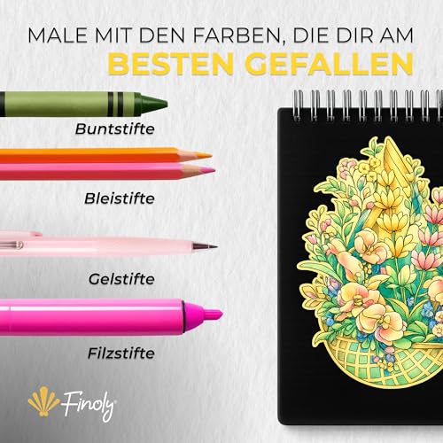 Finoly Malbuch für Erwachsene Blumen A4 Stressabbau | Erwachsenen Malbuch Dickes Papier Anfänger und Fortgeschrittene | Anti Stress Malbuch für Erwachsene Tinte Durchdringt Nicht (Nacht)