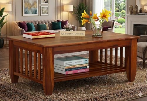 RATANDHARA FURNITURE Wooden Center Coffee Table with Storage | Solid Sheesham Wood Centre Table for Living Room, Drawing Room & Office | Honey Finish