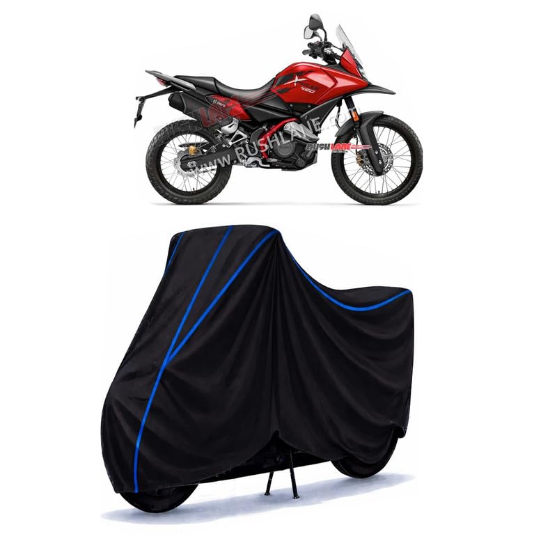 Image of Hero XPulse 400 Bike Cover Water Resistant Universal Motorcycle Rain | Heavy Duty UV Protection, Dust, Scratch Indoor Outdoor All Weather with Black Blue Piping Elastic