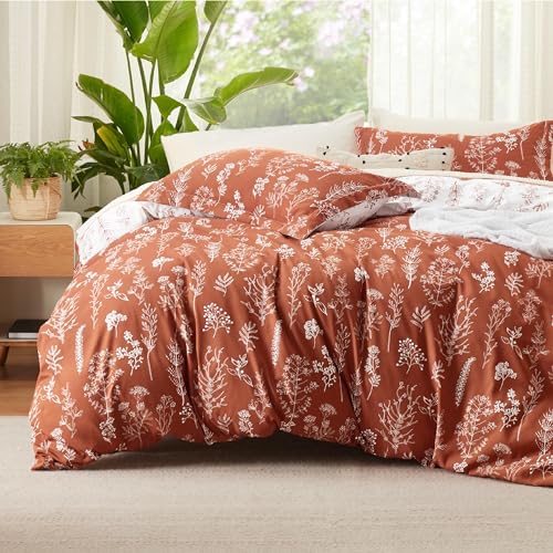 Image of Bedsure Duvet Cover Queen Size - Reversible Terracotta Queen Duvet Cover Set with Zipper Closure, 3 Pieces Floral Patterned Bedding Set with 8 Corner Ties and 2 Pillow Shams