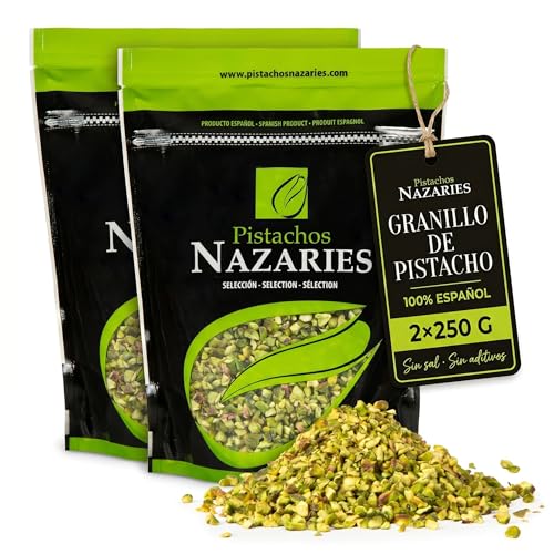 Nazaries Granillo de Pistacho al Natural Sin Sal pack 2x250 g Bolsa Hermetica Sin Gluten Andalucia Troceado Reposteria Helados Tarta Yogur Baklava Decoracion Postres Frutos Secos Picado Crudo Pelado