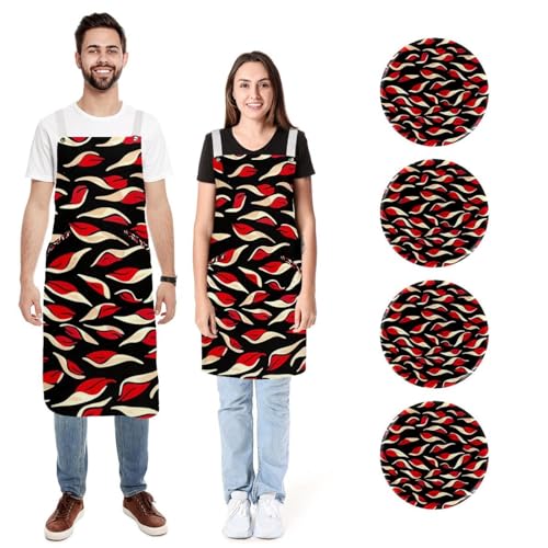 Tabliers de cuisine en lin anti-taches à poches réglables lot de 2 motif abstrait Red Lips