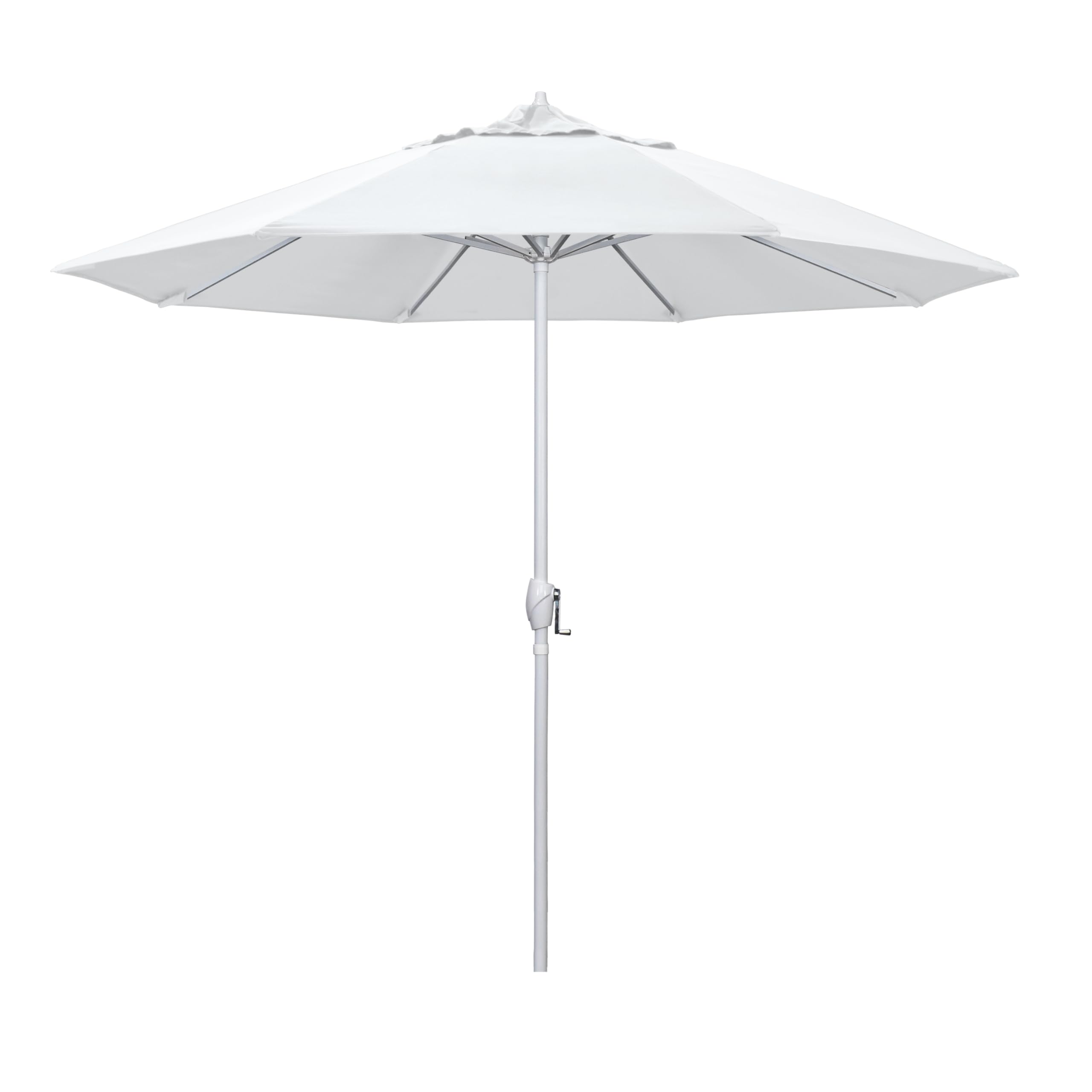 California Umbrella 9' Rd Aluminum Patio Umbrella, Crank Lift, Auto Tilt, White Finish, Sunbrella Natural