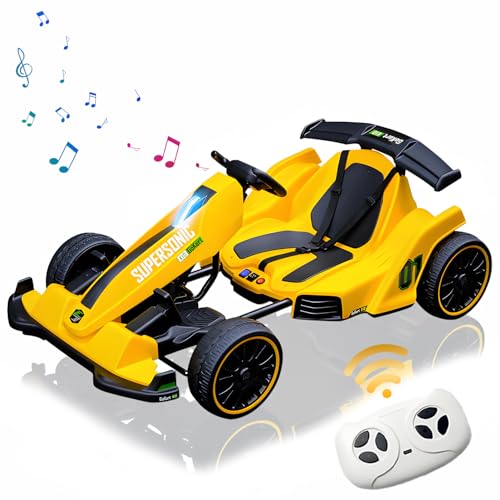 RIDEONMOP Go Kart Eléctrico 12V para Niños, Go-Cart de Derrape con Función de Marcha Atrás/Velocidad Alta/Baja Ajustable, Asiento Ajustable para Acomodar a Niños de Diferentes Alturas 3+,Amarillo