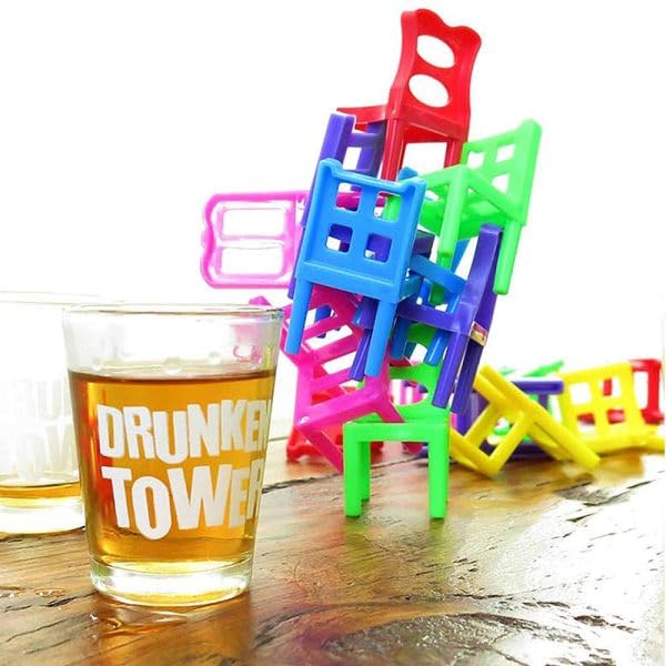 Image of Go Hooked Drunken Tower Stacking Chairs Game Set with 18 Mini Stools & 4 Shot Glasses - Fun Party Drinking Game for Adults, House Parties, Bars, College Nights & Festive Gatherings