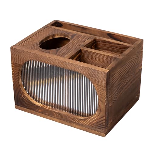 Panier de télécommande de luxe en bois brûlé et son distributeur de mouchoirs chic
