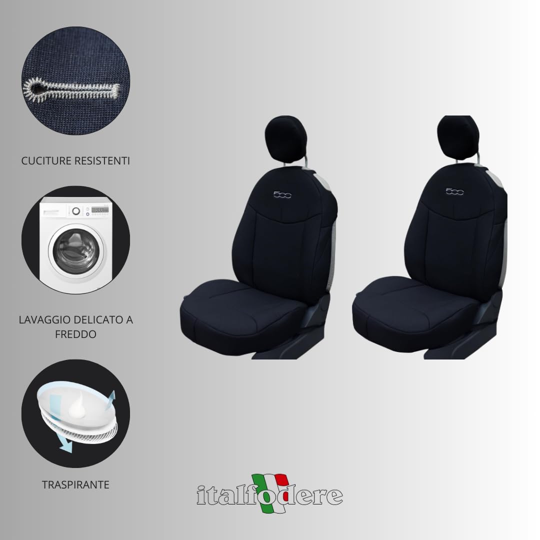 Italfodere - Coppia Coprisedili Anteriori Compatibili con Fiat 500 dal 2007 in Poi - Cotone Accoppiato - Fatti a Mano - Eleganti e Resistenti - Accessori Auto Interno - Made in Italy - Nero