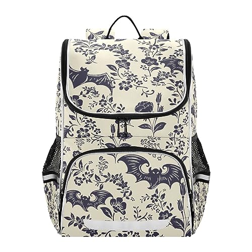 XUWU Goth Bat Flowers Backpack with Reflective Strip for Kids Boys Girls Elementary School Bag Removable Chest Strap