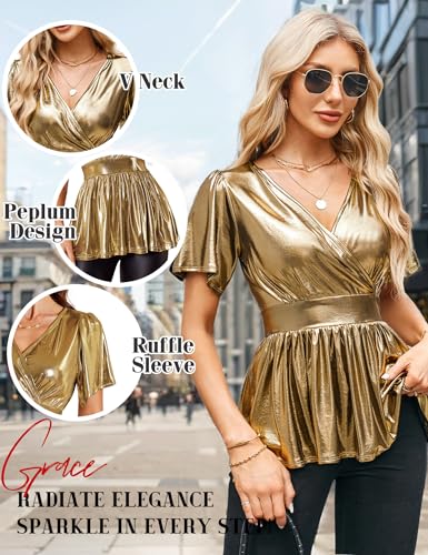 VIDUSSA Sparkly Peplum Tops for Womens - Ruffle Sleeve Blouse Wrap Metallic Glitter V Neck Shirts Party Tunic Tops3