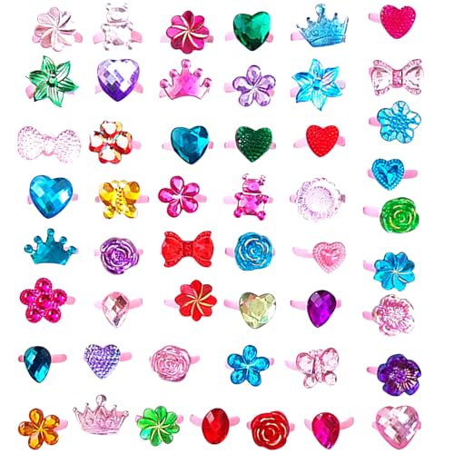 JSTHHTT 50 pcs anillos de joyas para niñas en caja, anillos de juguete para niñas, ajustables, sin duplicación, anillos de juego de simulación y de vestir anillos fiesta cumpleaños regalos para niños
